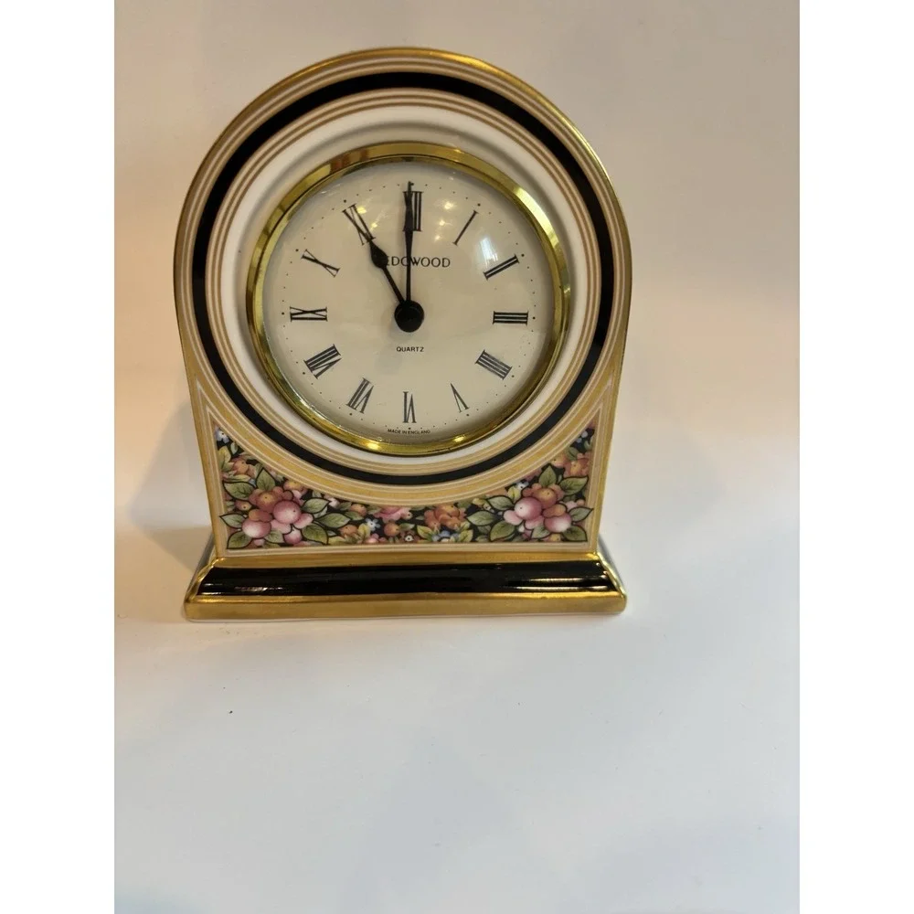 Wedgwood Bone China Clio Black & Gold Floral Mantle Clock Not Working